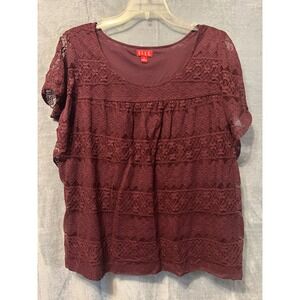 ELLE Woman's 1X Burgundy Lace Layered Top Short Sleeve Elegant Blouse‎